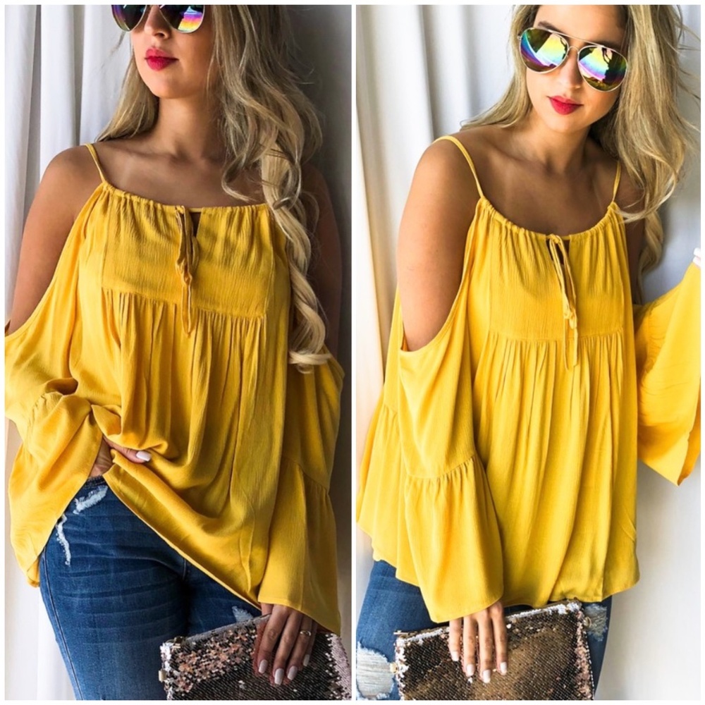 yellow boho off shoulder tie ruffle babydoll top